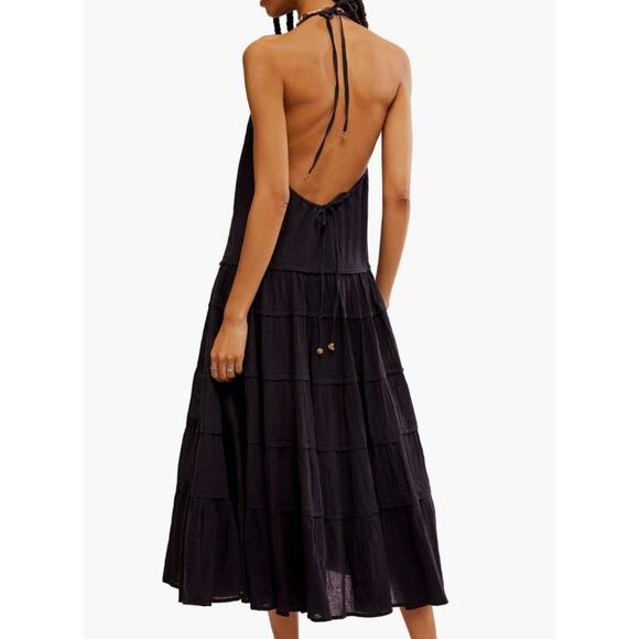 Free People Somewhere Sunny Halter Midi Dress - Black Size M - Picture 2 of 7